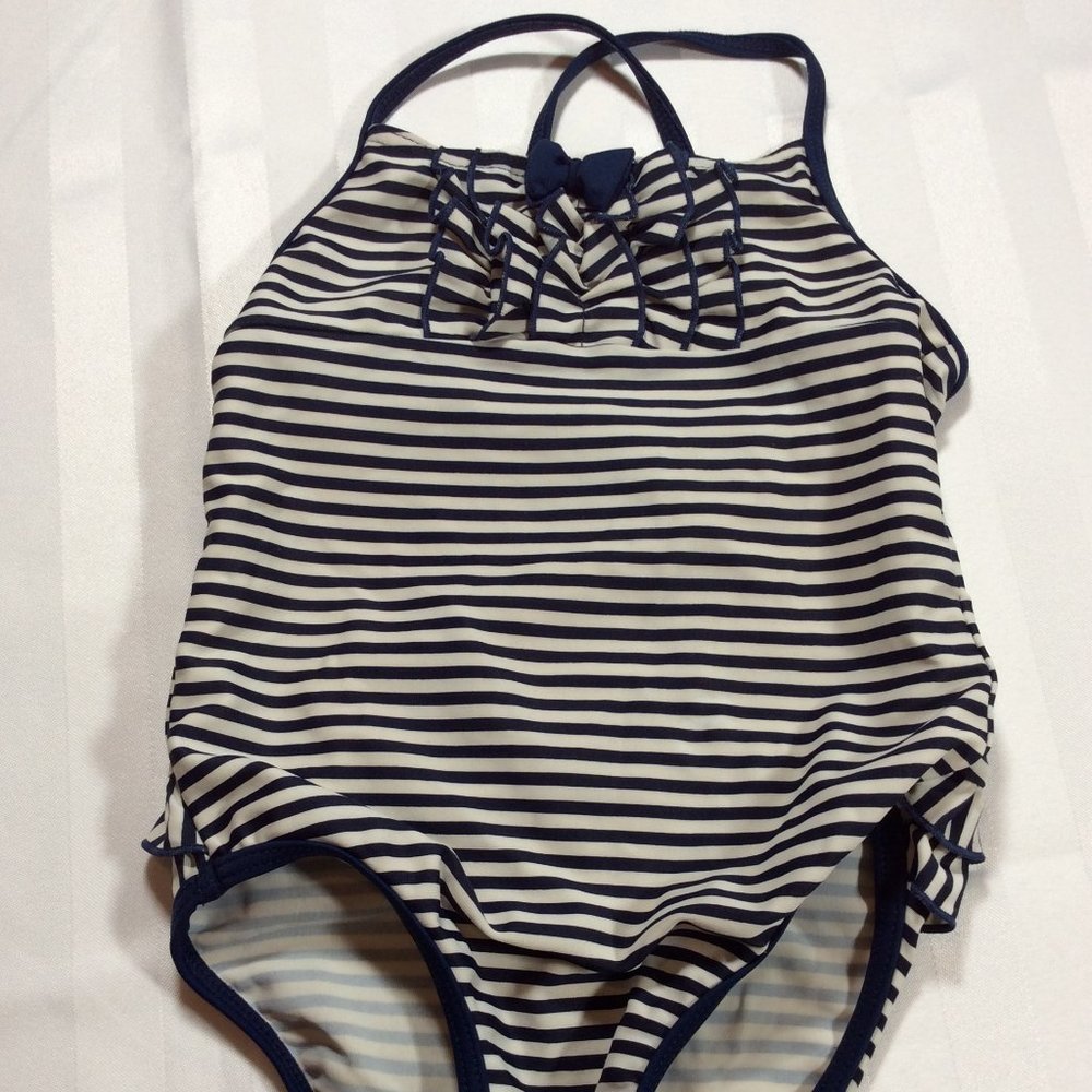 👣 5/$25 - Navy/White Striped Bathing Suit w/ Ruffle Details